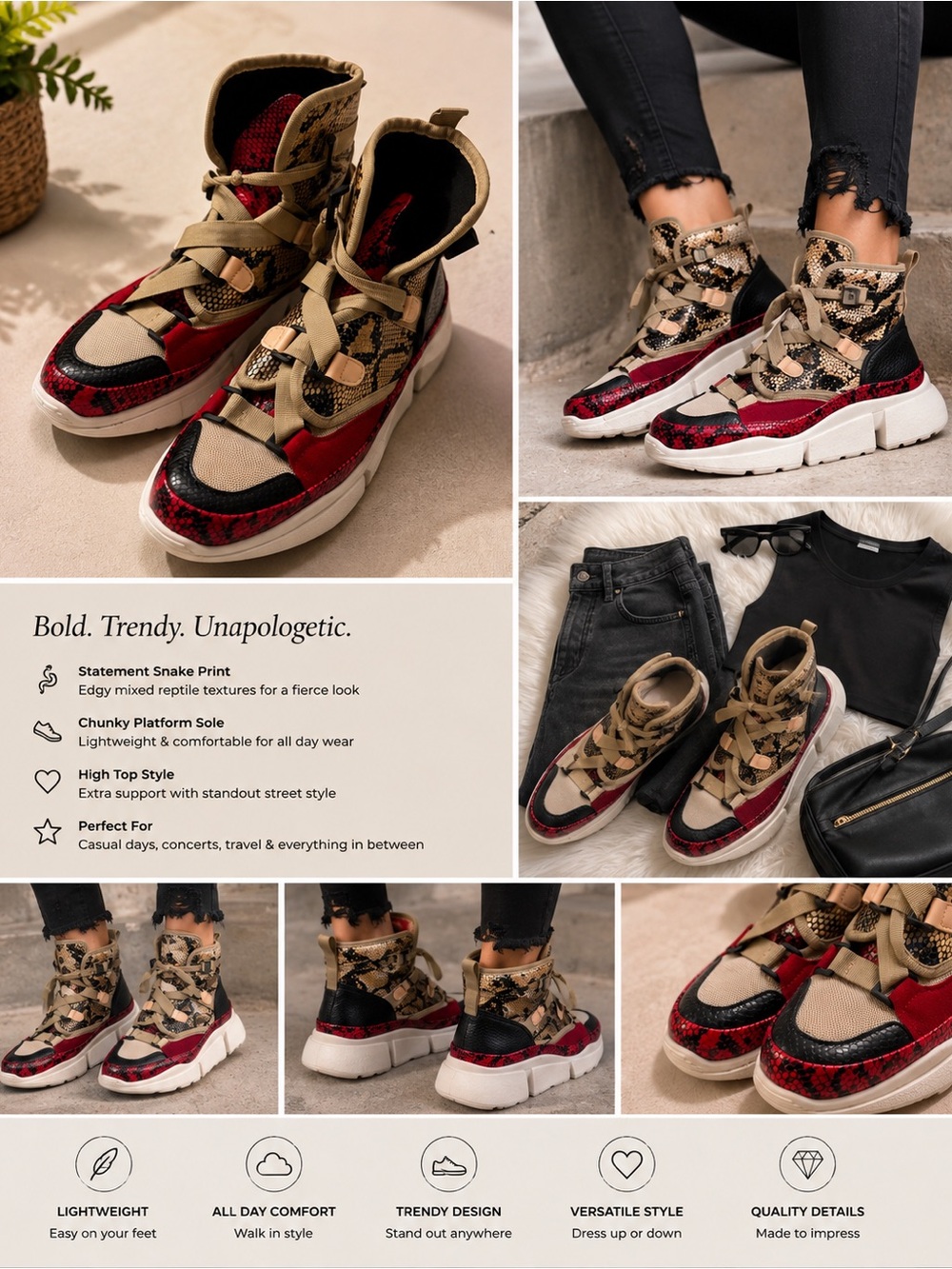Womens Cape Robbin Snake-Print High-Top Sneakers | Sz 7 | Minimal wear